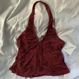 Y2K La Peche Burgundy Floral Halter Tank Top Vintage Style NWT